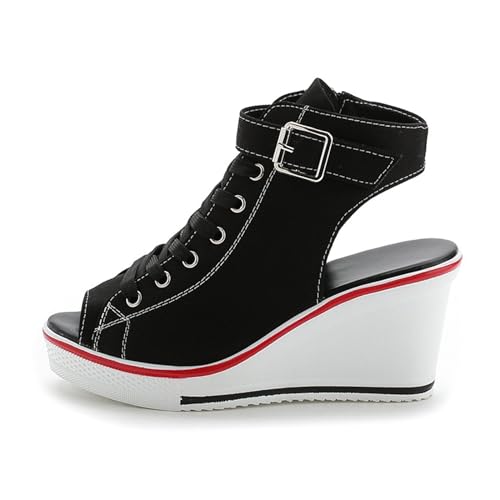 Image of OCHENTA Women's Peep Toe Wedge Sneakers Canvas Platform Shoes Side Zipper Lace up Buckle Fashion Sneakers Walking Shoes