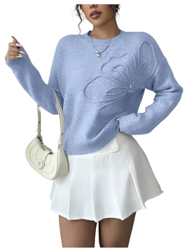 Image of RoseSeek Women's 3D Floral Appliques Crewneck Sweaters Long Sleeve Drop Shoulder Pullovers Elegant Knit Tops