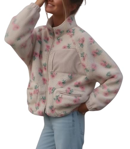 chouyatou Women's Winter Casual Spliced Floral Fleece Jacket Fall Fuzzy Oversized Faux Fur Sherpa Jacket