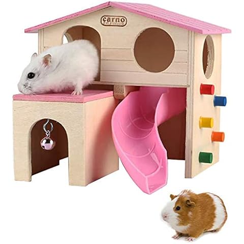PINVNBY Wooden Hamster House Small Animal Hideout Climbing Ladder Slide Hut Play Toys for Chipmunk Mouse Rat Hedgehog (Pink) Cover
