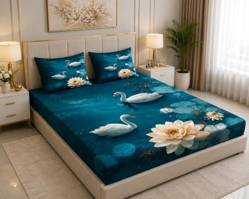 Image of 7D Digital Printed King Size Bedsheet | 240TC Premium Cotton Feel Microfiber with 2 Pillow Covers | Soft Breathable & Wrinkle Free Bedding Set | (Blue Duck, King Size-90x100 Inch)