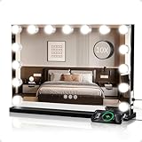 Kiwixmoon Vanity Mirror with Lights, Makeup Mirror with 15 Dimmable Bulbs, 3 Color Lights, Touch Control, 10X Magnifier, USB/Type-C Charging, Metal Frame, Gifts for Women, Black (23' W x 18' H)
