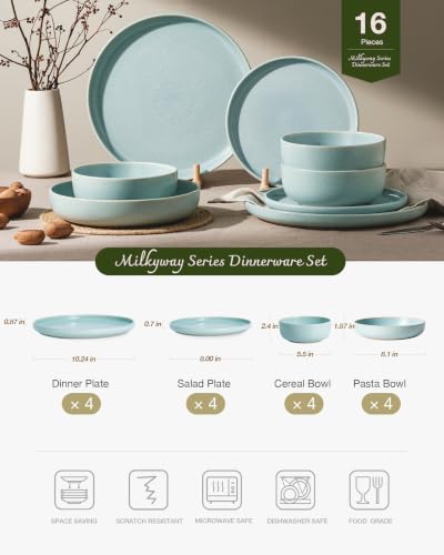 Image of Famiware Milkyway 16-Piece Stoneware Plates and Bowls, Light Blue | Dinnerware Set with Pasta Bowls for 4, Reactive Glaze Dish Set, Microwave & Dishwasher Safe, Chip & Scratch Resistant
