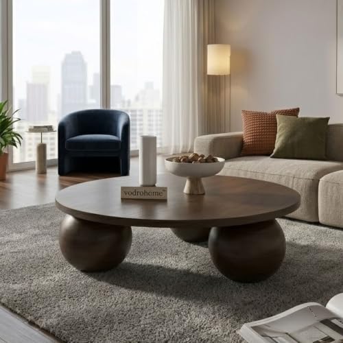 Image of Solid Mango Wood Modern - Round Coffee Table with Ball Shape Base - Bohemian Solid Wood Coffee Table for Office and Living Room C#058 (Walnut)
