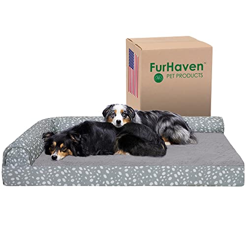 Image of Furhaven Cooling Gel Dog Bed for Large Dogs w / Removable Bolsters & Washable Cover, For Dogs Up to 125 lbs - Plush & Almond Print L Shaped Chaise - Gray Almonds, Jumbo Plus /XXL