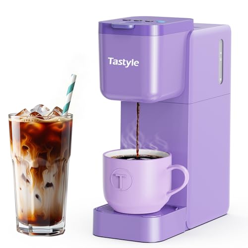 Tastyle Single Serve Coffee Maker Hot and Iced with Bold Brew Small Coffee Machine for K Cup and Ground Fits 7.3 Travel Mug Brews up to 16 Oz 5 Cup Sizes for Office RV& Hotel Lavender