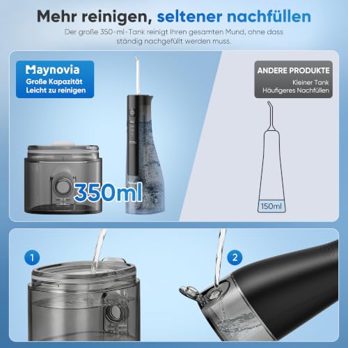 Image of Cordless Water Flosser for Teeth, U-Shaped Tip, 350ml Tank, Black | Plastic body, two-sided tooth cleaning, 3 modes, 40-150 PSI DIY pressure, IPX7-rated, USB-C, 8 tips, adults, braces, travel