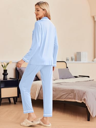 Image of Ekouaer Pajamas Women's Long Sleeve Sleepwear Soft Button Down Loungewear Pjs Lounge Set Nightwear XS-XXL