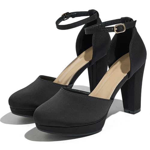 Lyngixko Women's High Block Heels Pumps Round Closed Toe Ankle Strap Dress Wedding Shoes Black