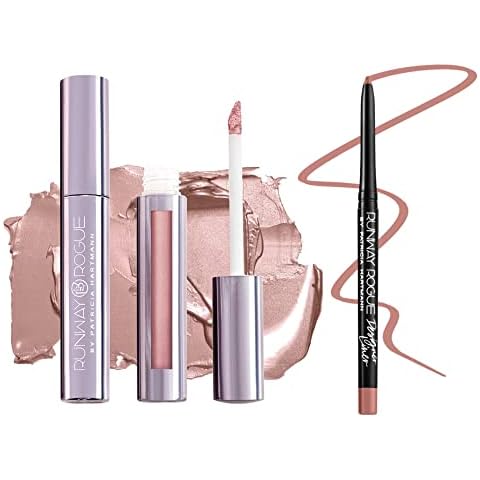 Runway Rogue ‘Soft Box’ Nude-Pink Pearl Glam Shimmer Long Wear Liquid Lipstick Bundle with ‘Spotlight’ Matte Light-Beige Designer Liner Lip Liner Cover
