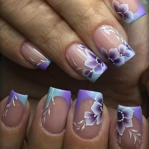 Image of French Tips Press on Nails Purple Flower Fake Nails with Ombre Design Glossy Glue on Nails Acrylic Full Cover Stick on Nails Short Square False Nails for Women Spring Manicure 24pcs