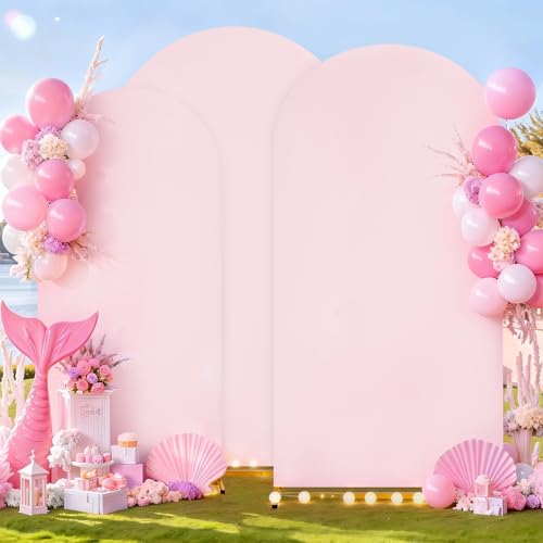 Image of SoarDream Wedding Arch Covers Pink Spandex Arch Stand Covers Set of 3 Pink Round Top Blushing Chiara Arch Covers 6FT 6.6FT 7.2FT for Wedding Bridal Shower Decor