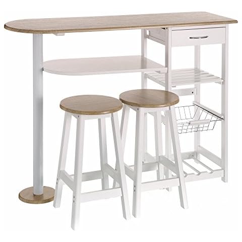 Conjunto de mesa alta y 2 taburetes con cajón, estantes, cesta y botellero en blanco y natural Cover