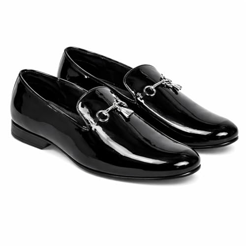 Image of Men's Black Patent Leather Loafers | Slip-On Formal Shoes with Metal Horsebit | Cushioned Insole for All-Day Comfort | Party, Office