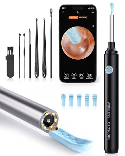 Qimic Visueller Ohrenreiniger mit Kamera 1080P HD WiFi Reinigungstool 3 5mm Linse 360 Weitwinkel IP67 Wasserdicht 6 LEDs USB-C Aufladung kompatibel mit iOS & Android - Schwarz
