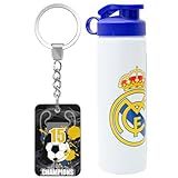 ms móvil shop Botella Aluminio R. Madrid 550ml + Llavero | Cantimplora Blanca Deportiva con Boquilla y Asa | Bidón de Agua Ligero con Tapón Ancho | Producto Oficial Licenciado