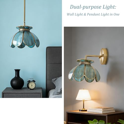 Image of Vintage Brass Ceiling Pendant Light with Stained Lotus Flower Stained Glass Shade,Oriental Hanging Lamp or Wall Sconces Dual-Purpose, for Kitchen Island Dining Room Bedroom Living Room-7.9 inch Shade