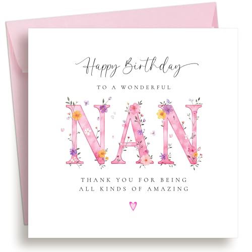 EverKind Birthday Card Happy Birthday to a Wonderful Nan | Elegant Pink Floral Design | Thank You for Being All Kinds of Amazing | Thoughtful Birthday Card for Nan or Grandma | Eco Packaging