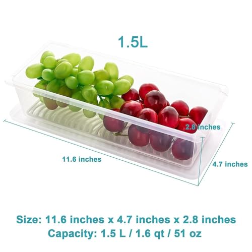 Image of VOLCANO 1500 ML Fridge Storage Containers (Pack of 4), Fridge Organiser Storage Boxes with Removable Drain Plate, Fridge Organizer, Fridge Storage Box Kitchen Containers Keep Fruits Vegetables Fresher