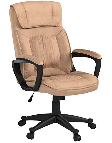 Beige suede office chair with padded armrests and adjustable height swivel base.