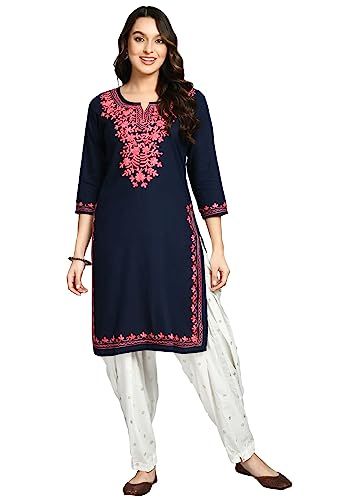 Image of QAZMI Women's Chinarkari Embroidered Viscose Rayon 3 /4 Sleeves Straight Kurta