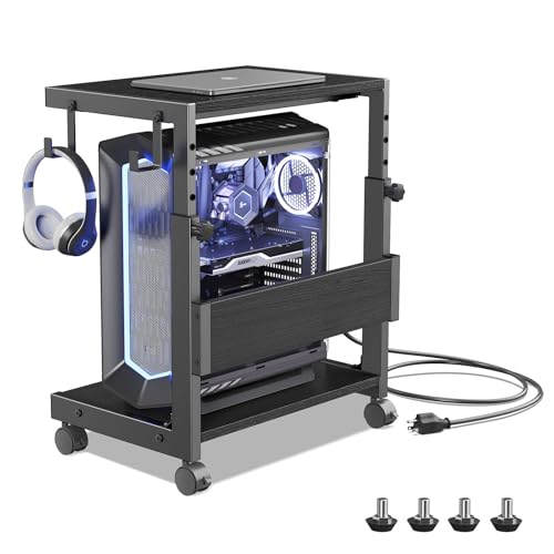 Support de tour d'ordinateur réglable en hauteur avec chariot à 2 niveaux pour boîtier ATX, support de sol pour ordinateur, support pour imprimante avec espace de...