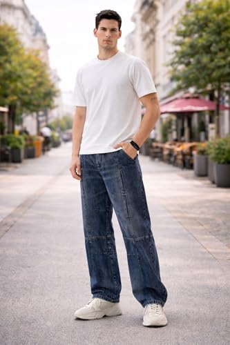 Image of Ben Martin Blue Men Jeans || Baggy Fit Denim Pants for Man || Loose Wide Leg Streetwear Jeans: || Panelled Designer Jins || Stretchable Cotton Casual Wear Pants Men: