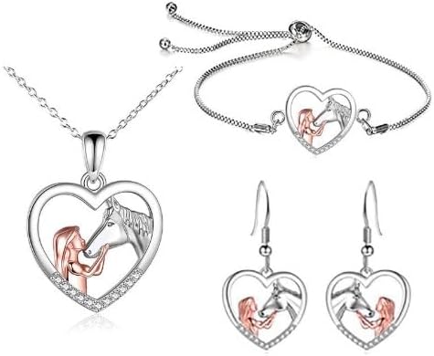 FOPSDGNHorse Gifts for Women Girls, Silver Girl and Horse Necklace Earrings and Bracelet Cubic Zirconia Horse Heart Pendant Sterling Silver Necklaces Horse Lovers Jewellery Anniversary Birthday Presents