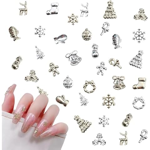 Shiny Christmas Nail Art Charms, 60 Pcs Gold Silver Snowflake Christmas Wreaths Tree Bell Nail Gems, 3D Alloy Nail Art Jewels Decorations for Xmax Holiday DIY Craft Design Cover