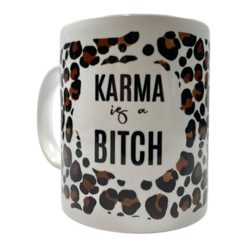 NetSpares Keramiktasse „Karma is a Bitch“ | Kaffeetasse mit Leopardenmuster | Frecher Spruch Becher | Lustige Geschenkidee für Freunde, Kolleginnen, Büro, Geburtstag