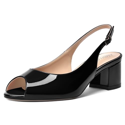 AMBELIGHT Womens Buckle Dating Slingback Patent Peep Toe Casual Chunky Low Heel Pumps Shoes 2 Inch