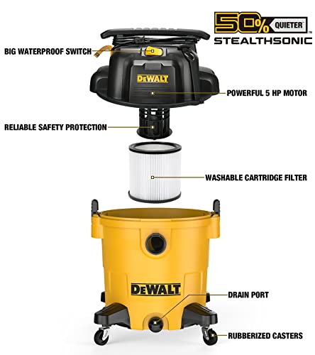 Image of DEWALT 12 Gallon STEALTHSONIC Ultra Quiet Poly Wet Dry Vacuum, DXV12P-QTA Powerful Suction Noise Reduction Vac, 5.5 Peak HP Shop Vacuum for Jobsite /Workshop, Reduce Motor Noise, Yellow