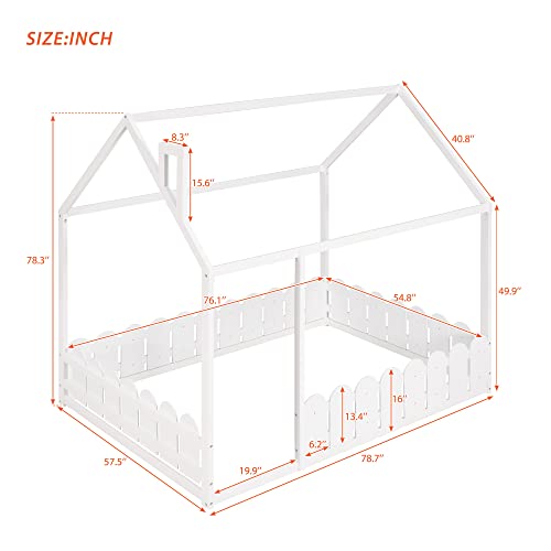 Meritline House Bed For Kids, Wood Full Floor Bed With Roof And Fence, Cabin Bed, Toddler Bed, Montessori Bed, House Full Bed For Kids, Teens (Full, White) #TOP2