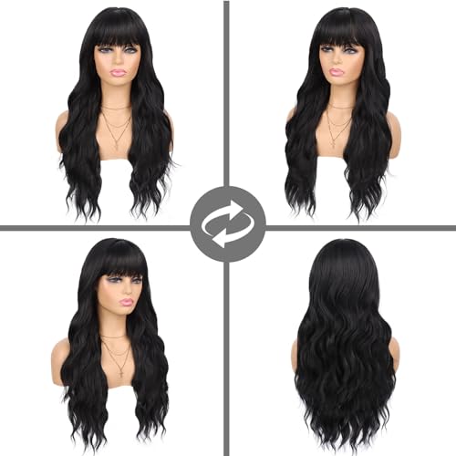 Black Wig with Bangs Long Black Wavy Wig for Women Synthetic Curly Wigs Natural Hair Replacement Wigs for Daily Party Use (26 Inches) - Image 3