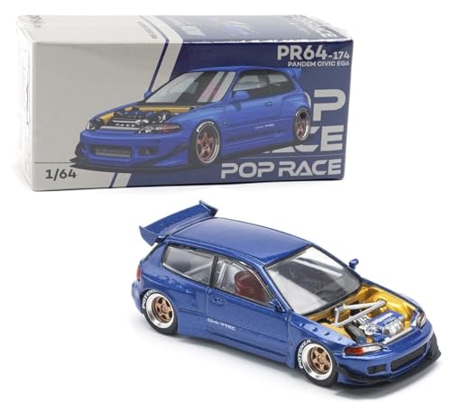 1:64 Diecast Model Car Compatible with Honda Civic EG6 w/No Hood Pandem Blue Limited Edition by Pop Race PR640174