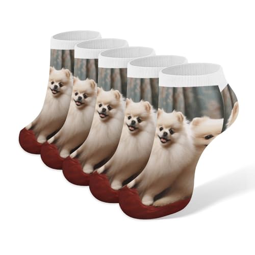 HKMNTGD Knöchelsocken, kurzhaariger Zwergspitz, bedruckt, niedrig geschnitten, 5er-Pack, feuchtigkeitsableitend, weich, niedrig, geeignet für Männer und Frauen, alle Jahreszeiten, Zuhause, Büro,