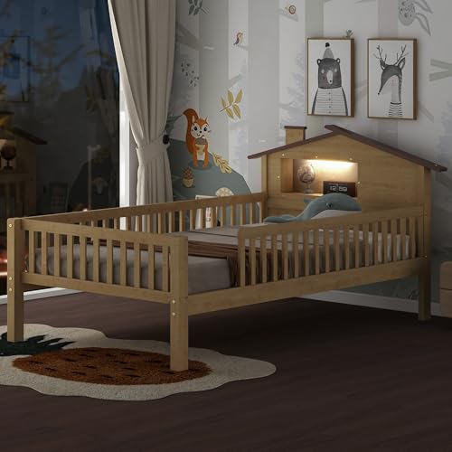Twin-Size-Platform-Bed-with-House-Shaped-Headboard-LED-and-Built-in-Storage-Kids-Bed-Frame-with-Safety-Guardrails-for-Girls-Boys-Wood-Slats-Support-Natural Twin Size Platform Bed with House Shaped Headboard LED and Built in Storage Kids Bed Frame with Safety Guardrails for Girls Boys Wood Slats Support Natural