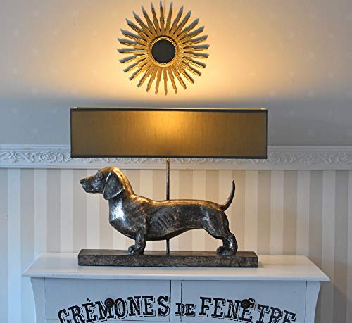 Tischlampe XXL Dackel Leuchte Hund 60cm Lampe Hundefigur Nachttischlampe Hundelampe cw195 Palazzo Exklusiv „VILLA CHARLY“ – Silber Dachshund mit Stoffschirm im englischen Stil