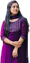 Women's Purple Kurta with Floral Embroidered Yoke, 3/4 Sleeves, Traditional Design