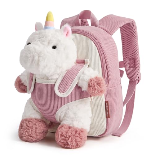 mommore Toddler Backpack with Detachable Unicorn Doll Girls 2-4 Birthday Gift Corduroy Toddler Plush Backpack for Daycare