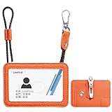ストラップ付きレザーバッジホルダー ライチ柄カードホルダー メタルクリップ付き コンバーチブル縦/横型カードケース IDカード クレジットカード用 看護師 教師 ビジネスマン用 (エルメスオレンジ, 2 IN 1)