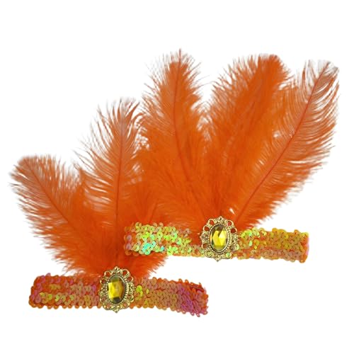 Fenisonavy Showgirl Feather Headpieces 1920s Flapper Headbands 2pcs Costume Accessories for Women Carnival Party Wedding (Orange)