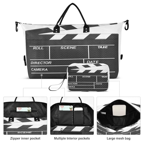 Blank Cinema Movie Clapboard Large Travel Duffle Bag Weekender Overnight Bags Gym Yoga Bag for Women Men with Toiletry Bag2