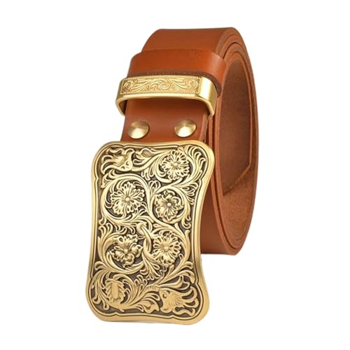 Ceinture cuir cowboy homme marron avec motif floral gravé rétro