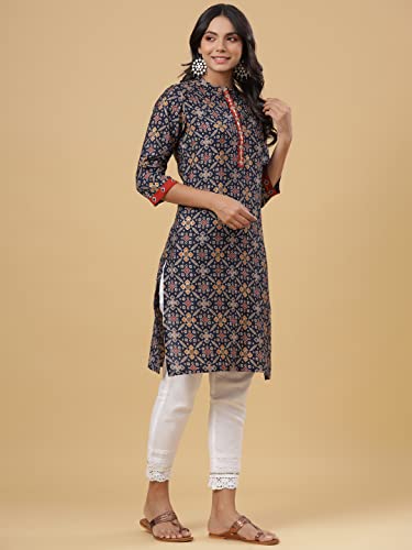 Image of Juniper Women's Navy Printed Straight Knee Length Kurta