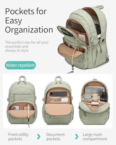 Image of Cute Laptop Backpack for Women, Quilted College Bookbag with Tumbler Holder Pocket for Nurse Teacher Work Travel, Puffer School Backpack for Teen Girls Big Student, Green