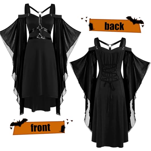 HBWHNIU Robe Gothique Femme Halloween Médiéval Vintage, Avec Masque Pour Les Yeux En Dentelle, Épaules Dénudées Manches Flares Noire, Costume Pour Halloween, Carnaval (XXL) – vue 4
