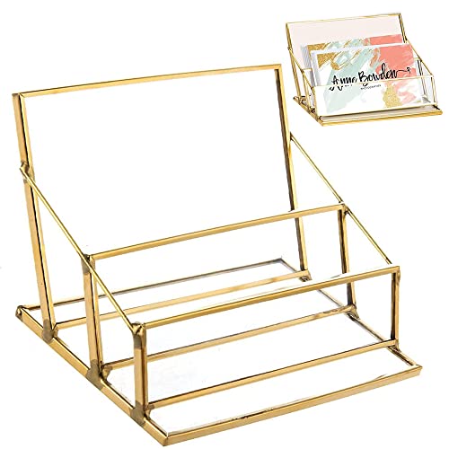 Visitenkartenhalter, Visitenkarten Aufsteller, Visitenkartenbox aus Glas, Gold Visitenkarten Aufsteller, für Schreibtisch, Büro, Arbeitsplatte, 11cm x 7cm x 7cm