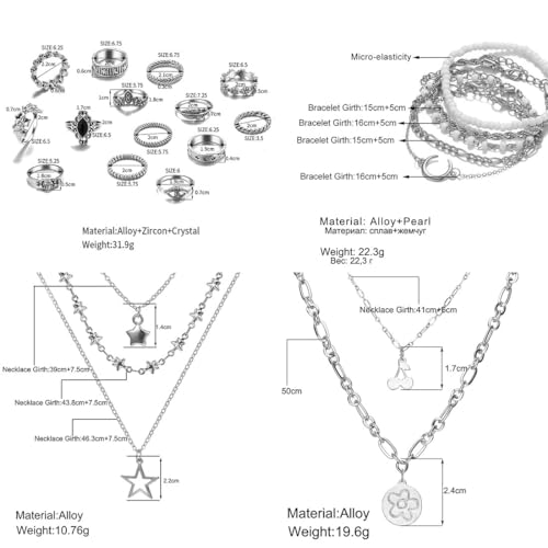 37pcs Silver Jewelry Set With 3 PCS Necklace, 14 PCS Bracelet, 7 PCS Ear Cuffs Earring, 6pcs Hoop Earrings,7pcs silver rings set For Women For Birthday Gifts3