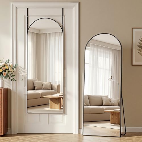 Homsion 58x20 Over The Door Mirror Arched Full Length Mirror with Aluminum Frame Adjustable Hooks Wall Mounted or Standing for Bedroom Living Room Black